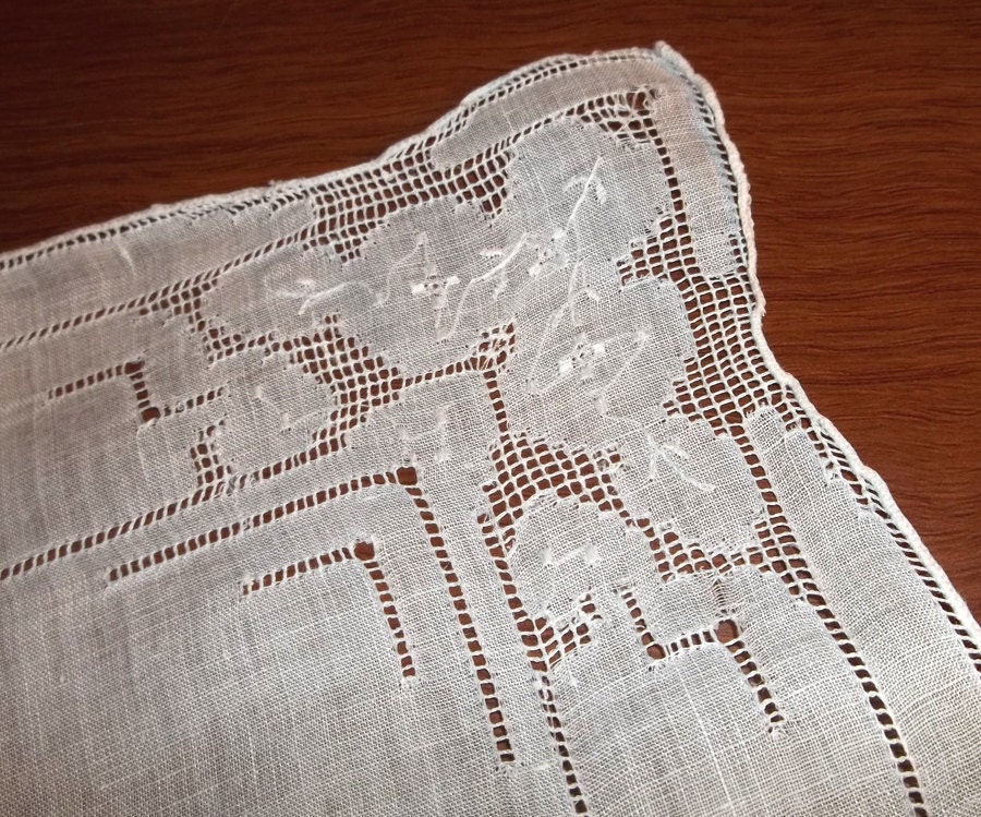 Vintage handkerchief of white linen with geometric cutouts // openwork pulled thread embroidery // summer decor or bridal hankie
