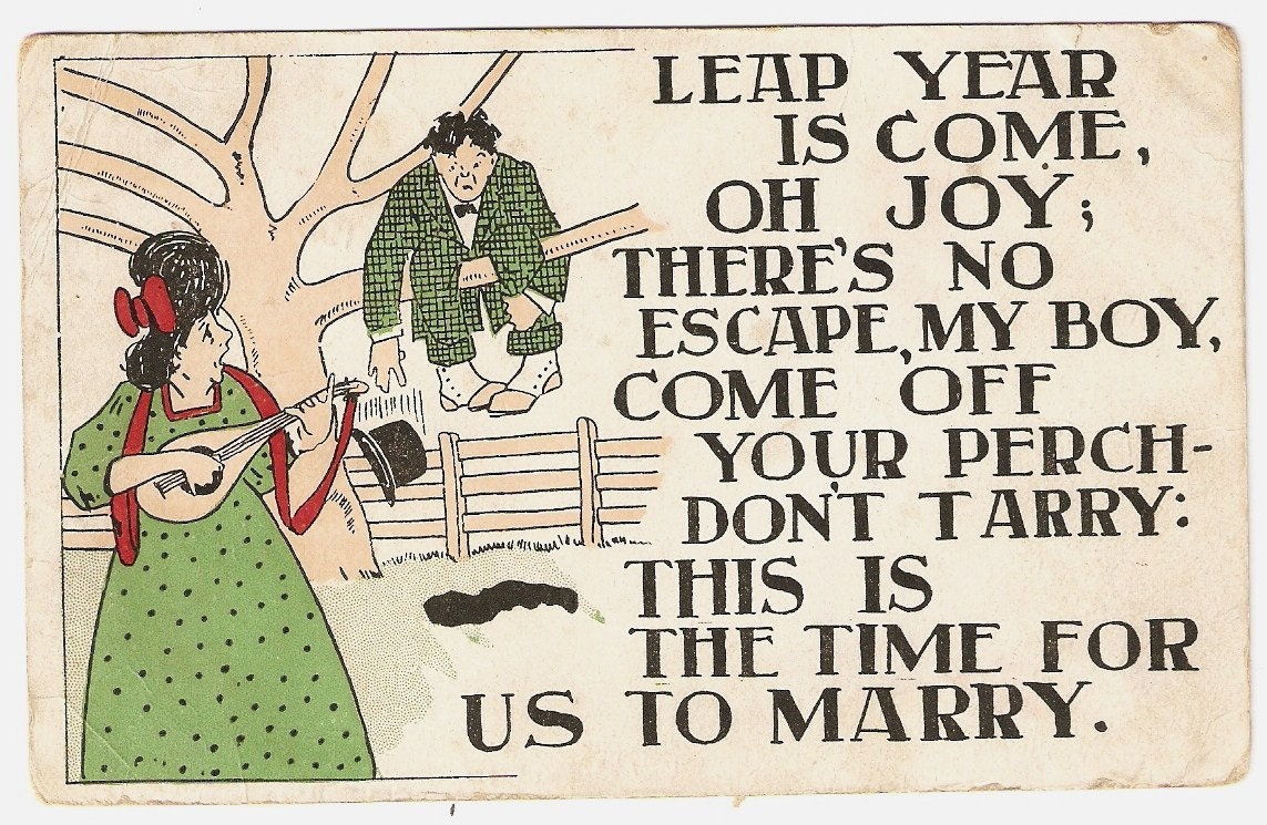 Vintage Leap Year Postcard Comic Lady Plays Mandolin Man Hangs In Tree