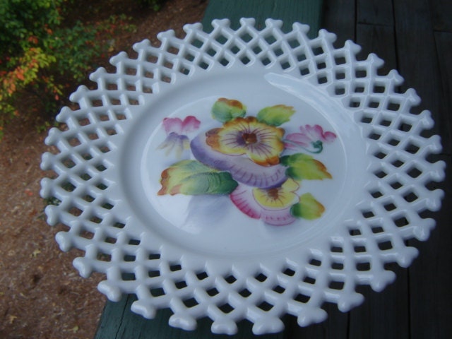 Vintage MILK GLASS Lace Plate Pansy  by Kelvin's Japan 1950s