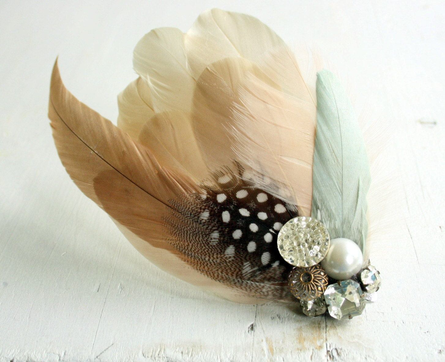 CHELSEA Fascinator in Mint, Blush & Ivory with Vintage Rhinestones and Vintage Buttons