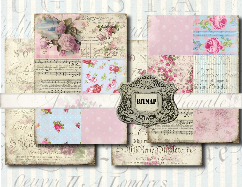 INSTANT DOWNLOAD diGiTal DownLoad ShABBy ChiC RoSeS PoSTcArdS GiFt TAgs ATC baCKgroUnds FrENch EphEmeRa PrinNTaBLe sCrAPbooKing, No. 42