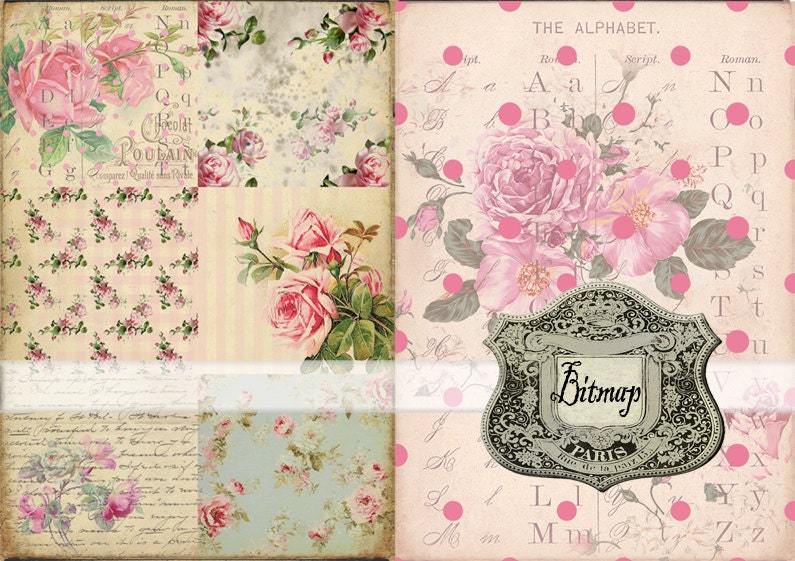 INSTANT DOWNLOAD diGiTAL CollAge shEeT VicToRiAn FLoRaL BaCKgRouNDs piNK ShaBBY RoSes LoVe LeTTerS PrinNTaBLe PolKA DoTs, No. 72