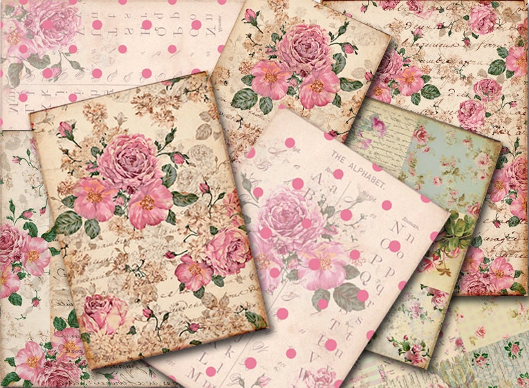 INSTANT DOWNLOAD diGiTAL CollAge shEeT VicToRiAn FLoRaL BaCKgRouNDs piNK ShaBBY RoSes pEtiTe FloWeRs sCrAPbooKing KiT PolKA DoTs, No. 75