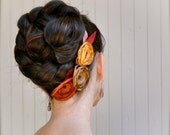 Rust, saffron and golden brown flower hair clips on a satin or velvet headband ribbon. Also eggplant and silver.  Hair accessory.