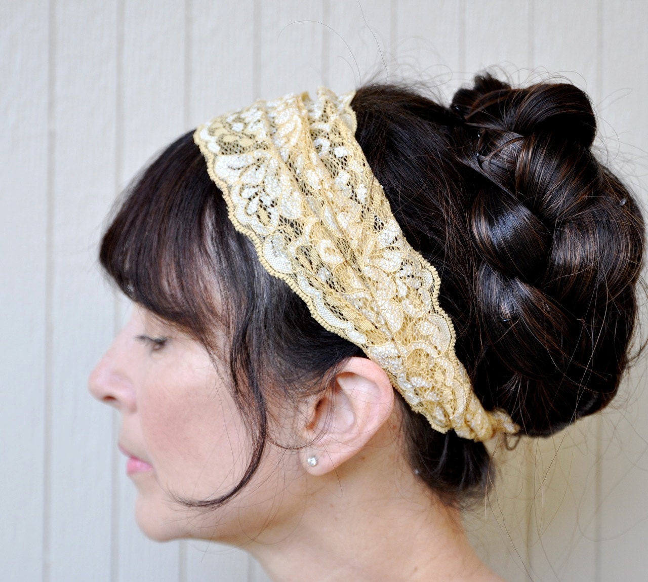 Golden neutral headband in pale golden champagne vintage lace.