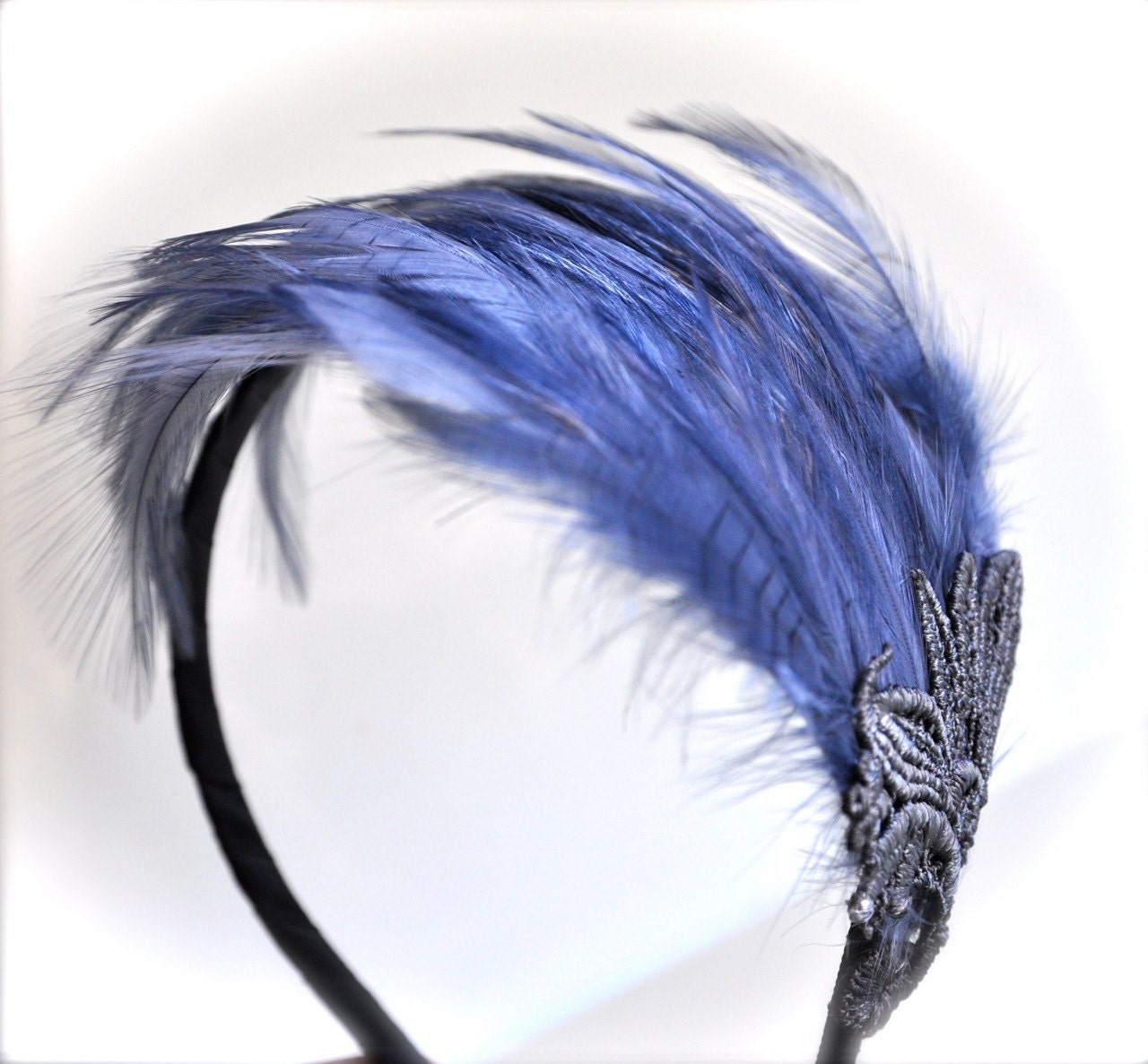 Blue Jean Grey Feather Fascinator. A chic classic with a touch of lace. Ready to ship.