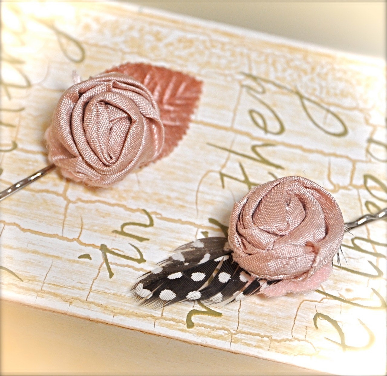 Xmas sale--Rosette bobby pins.-- vintage pink silk with matching velvet leaf and feather. Ready to ship