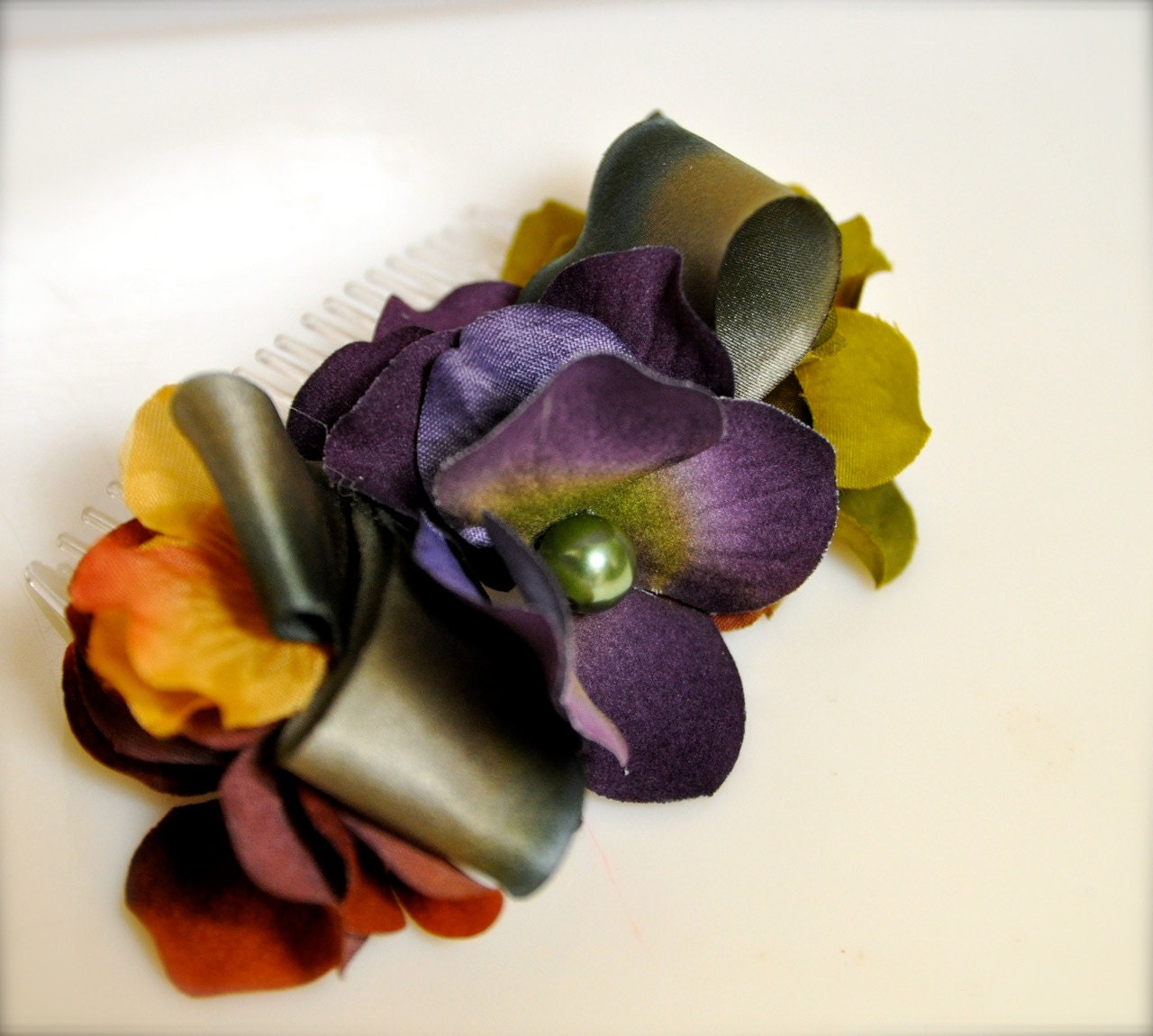 Fall hydrangea Comb. Deep plum, rust, mustard yellow, olive green with matching pearls and silk ribbons.