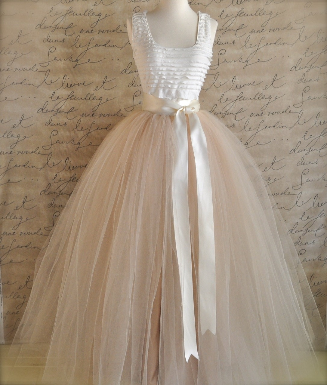 Full length champagne tulle skirt. Champagne tulle lined in champagne for women. Weddings and formal wear.