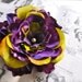 Summer Carnival Flower hair clips in deep purple, yellow, rust and olive greens. Pearl and rhinestone centers.
