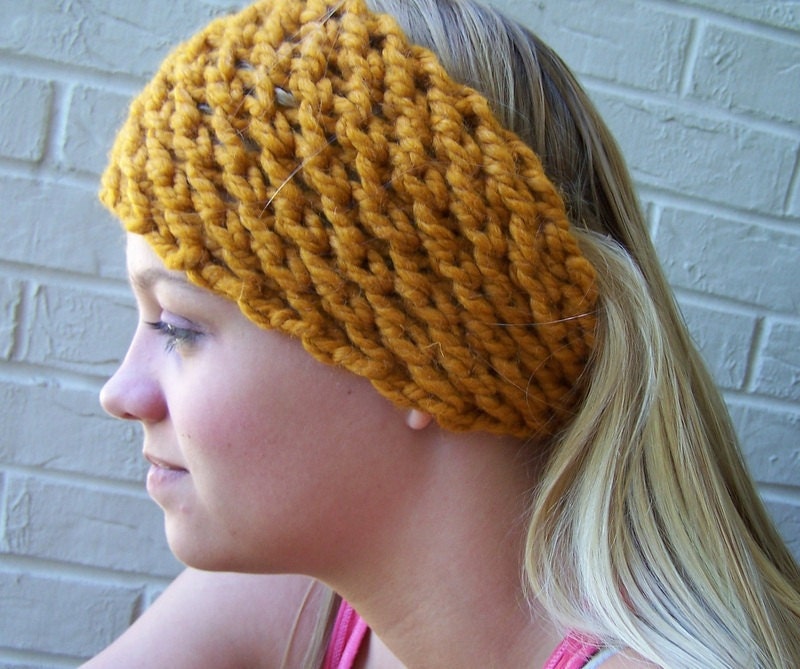 Chunky Knit Ear Warmer Wide Headband Cowl Harvest Gold Ochre Wool Acrylic Blend