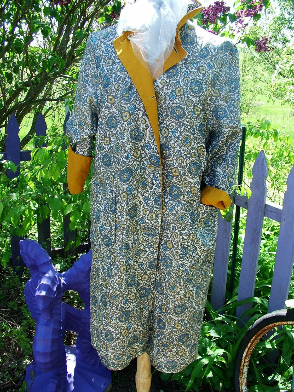 Vintage Reversible 1960s Coat Squash Yellow Blue Paisley