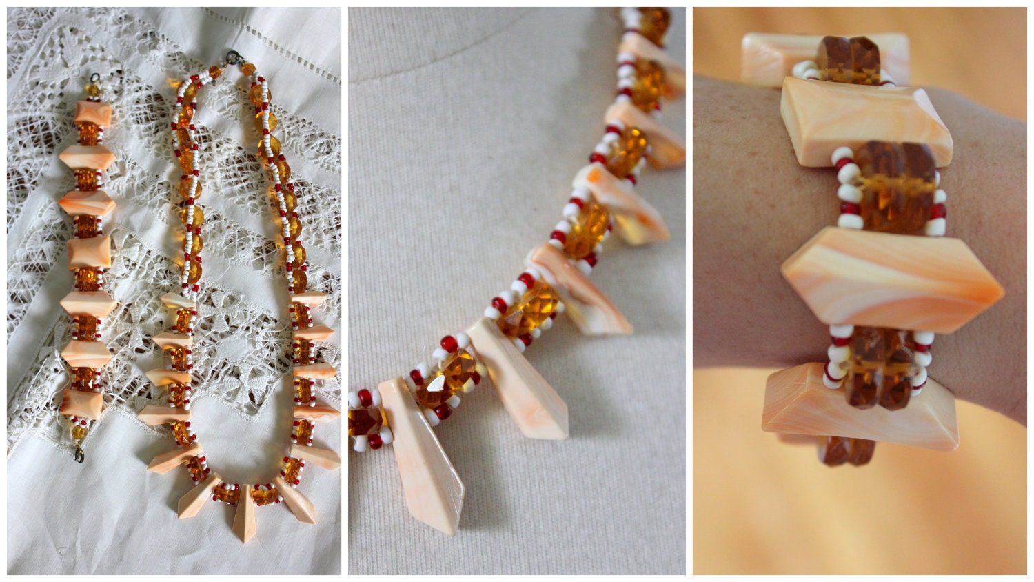 1930s necklace set / 30s faceted glass and carved shell beads /  Venetian Sunrise