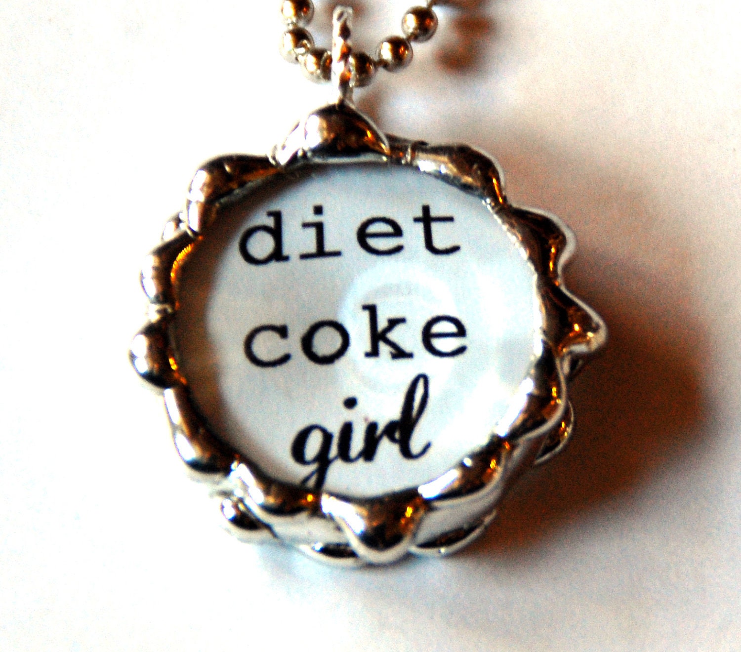 1 Inch Beveled Circle Soldered Charm Pendant with Diet Coke Girl and Diet Coca Cola logo and 30" Ball Chain
