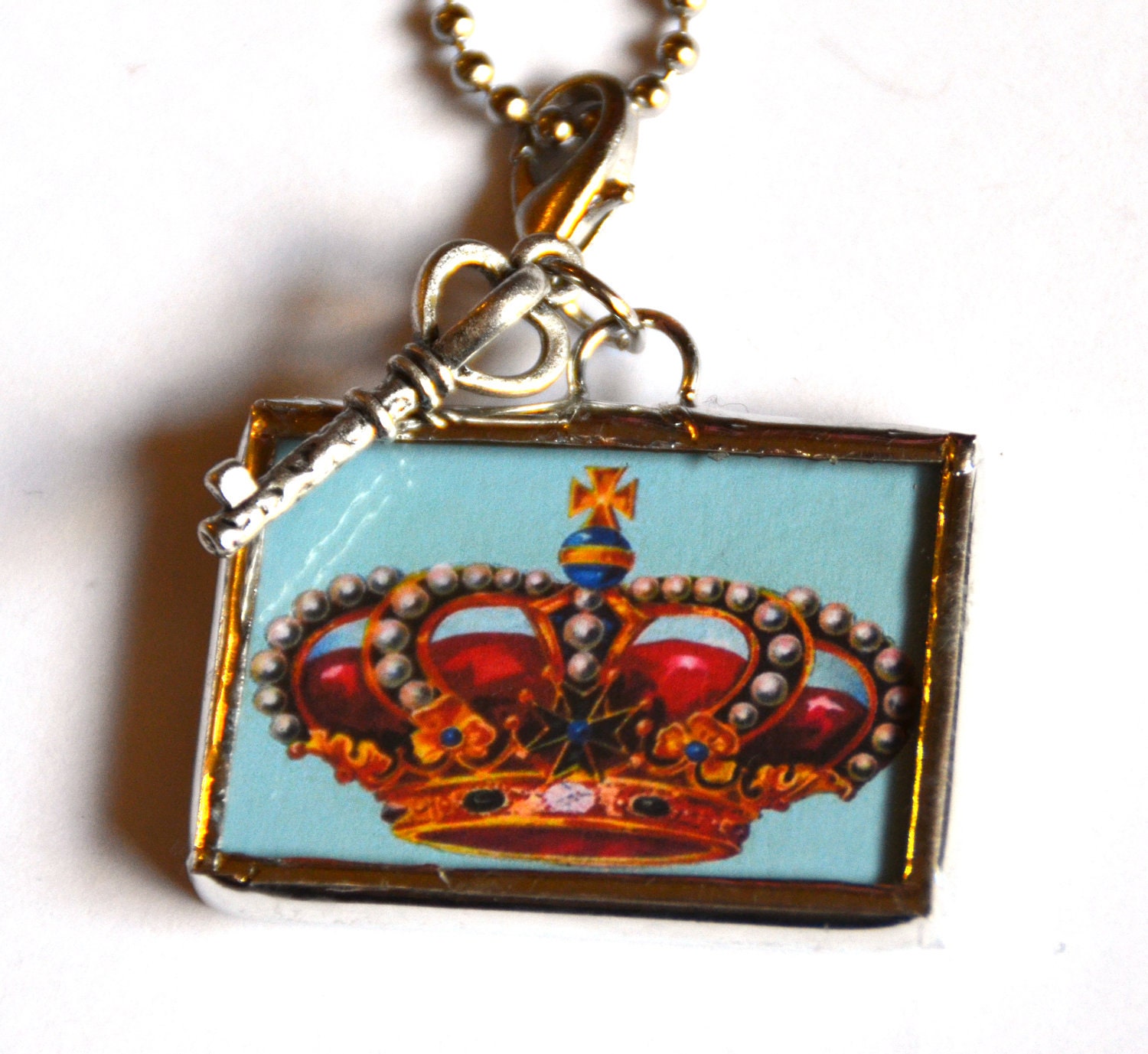1.5 Inch X 1 Inch Soldered Royal Crown and Union Jack Charm Pendant with 30" Ball Chain