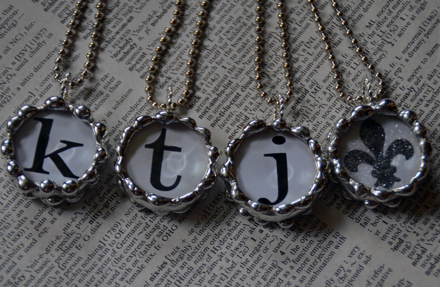 1 Inch Beveled Circle Soldered Charm Pendant with Glitter Fluer de Lis and ANY Initial and 30" Ball Chain
