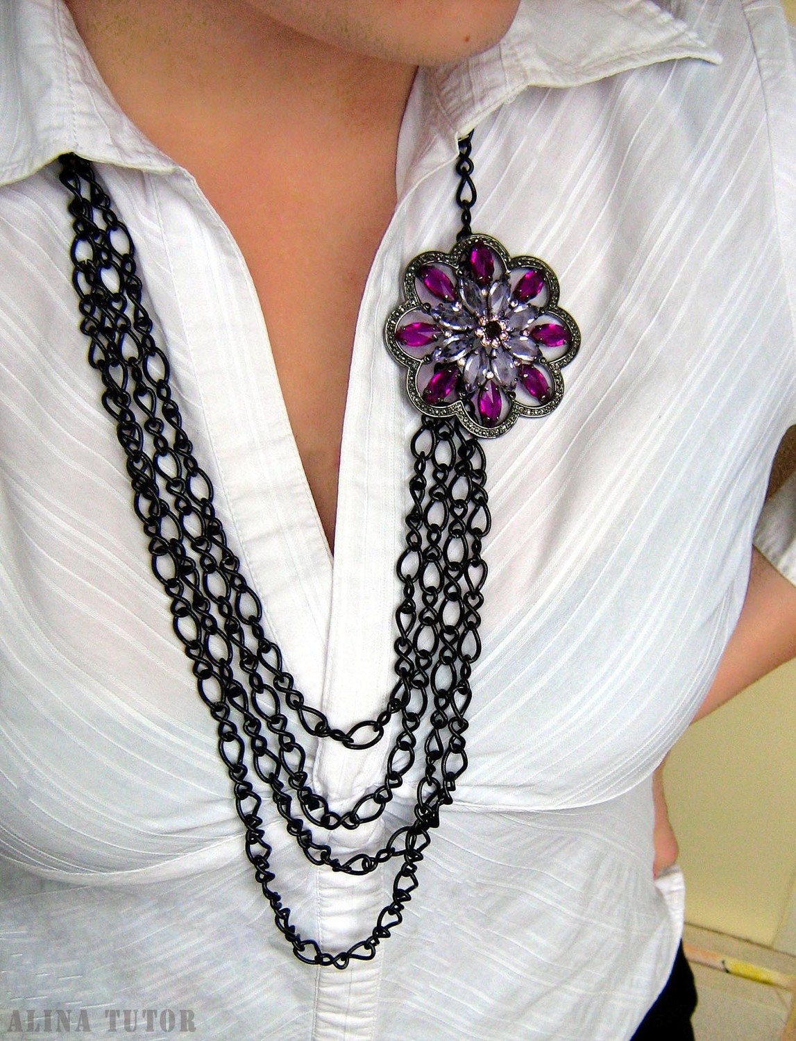 Rhinestone Flower Statement Necklace - Purple Rhinestone Flower, Black Chains