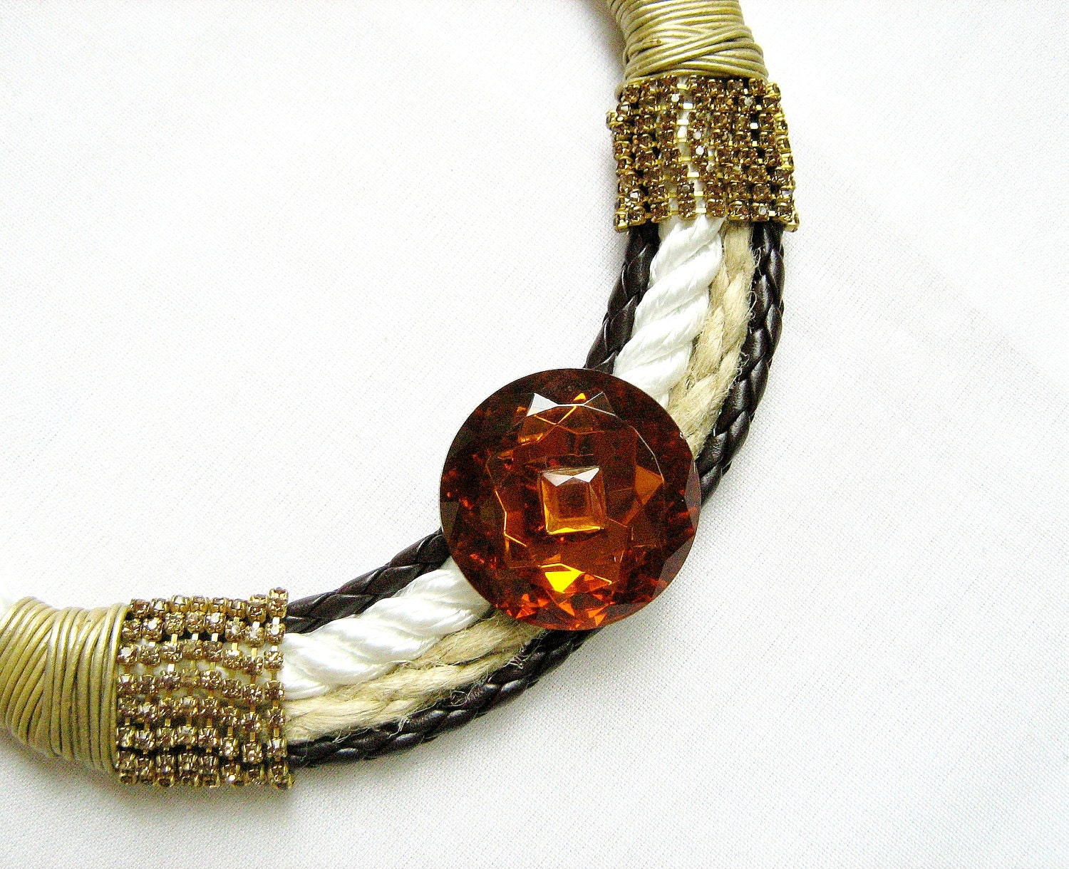 Tribal Collar Necklace Safari - Earth.Gold. Leather -  Ropes, Swarovski chains, Genuine Leather, Rhinestones - AlinaandT