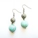 Mint Bubble earrings - RESERVED - fluted green patina beads, etched round black gold lucite beads