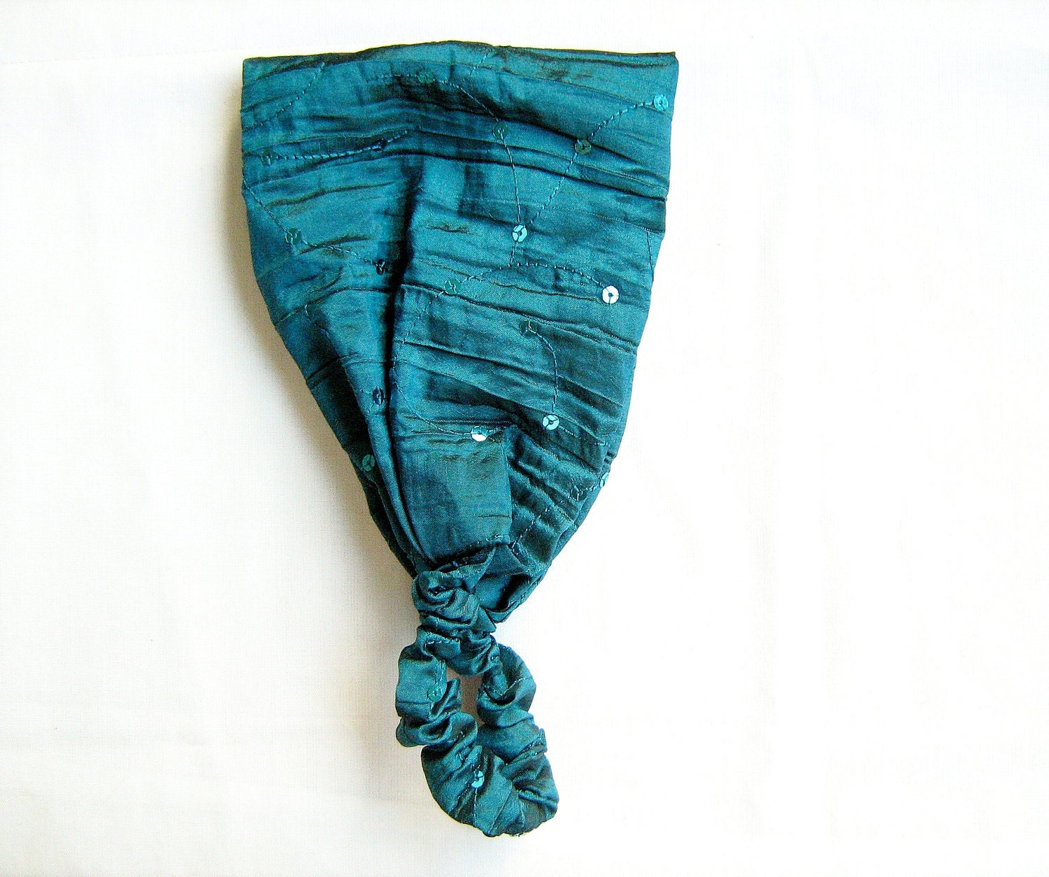Turquoise Taffeta Headband, sequin embroidered, elastic hair accessory, bandana head scarf - 10% Off all hair accessories, use code HAIR10