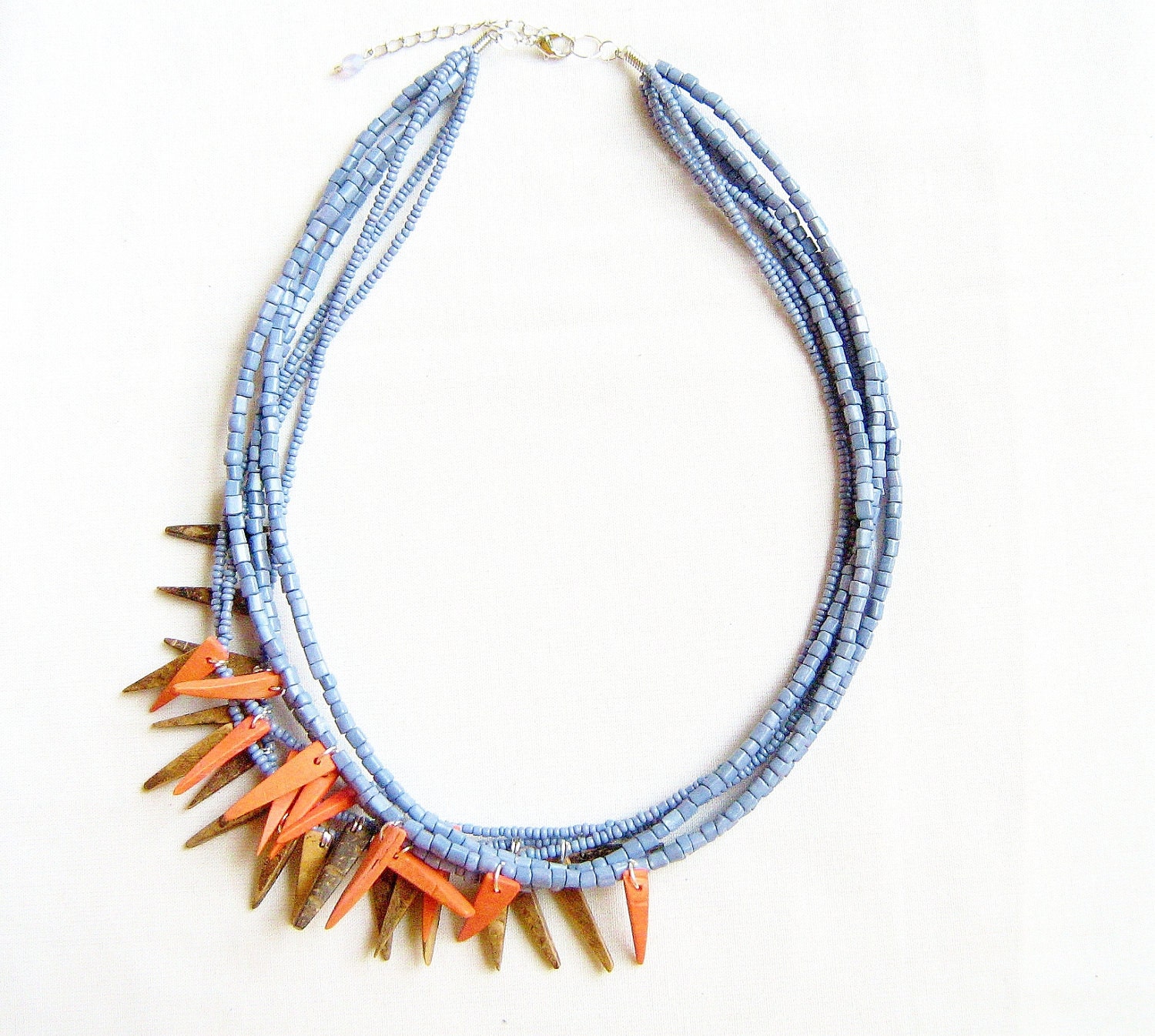 Spike Statement Necklace in Blue, Salmon, Taupe - Abstract Triangle Geometric tribal inspired handmade necklace