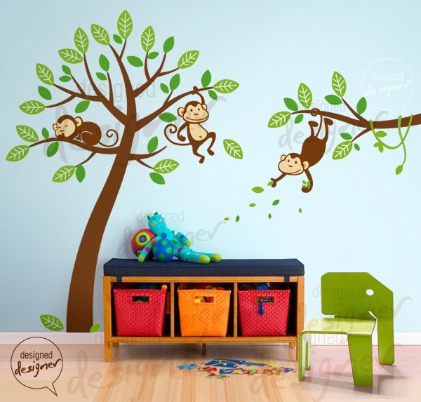 Children Wall Decal Wall Sticker  - Monkeys on Tree wall decal animal Decal- dd1050