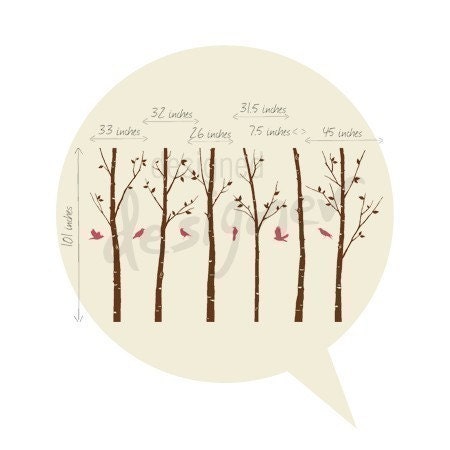 Vinyl Wall Decal Sticker Art - Birds in the Urban Forest 101in tall 6 leafy trees - Large - dd1014