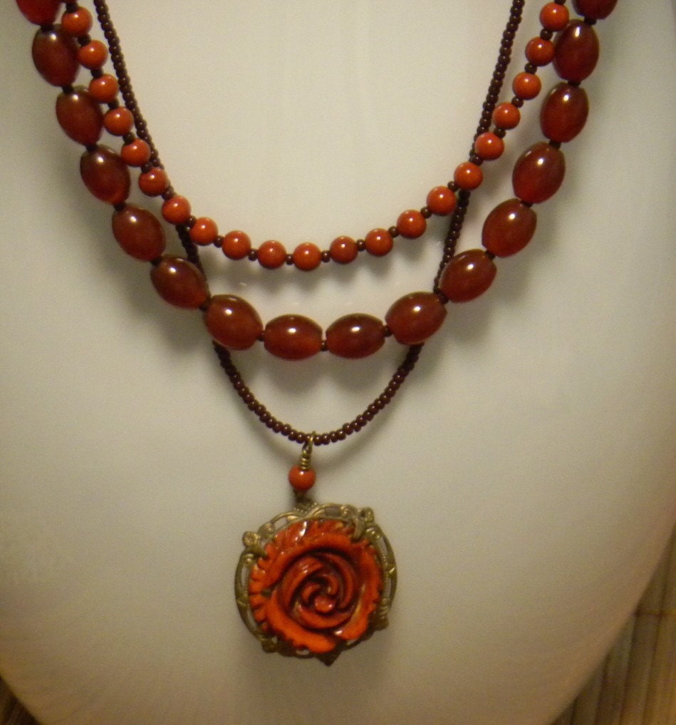 Carnelian Gemstone necklace Carnelian necklace Multistrand necklace Carved rose pendant