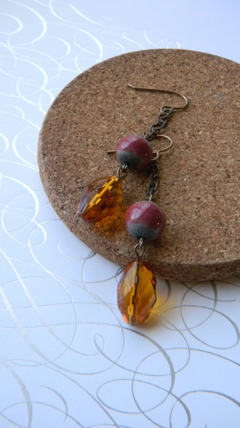 Long Burnt Sienna dangle earrings Bohemian Amber earrings Glamorous crystal and ceramic earrings on antique brass Glam