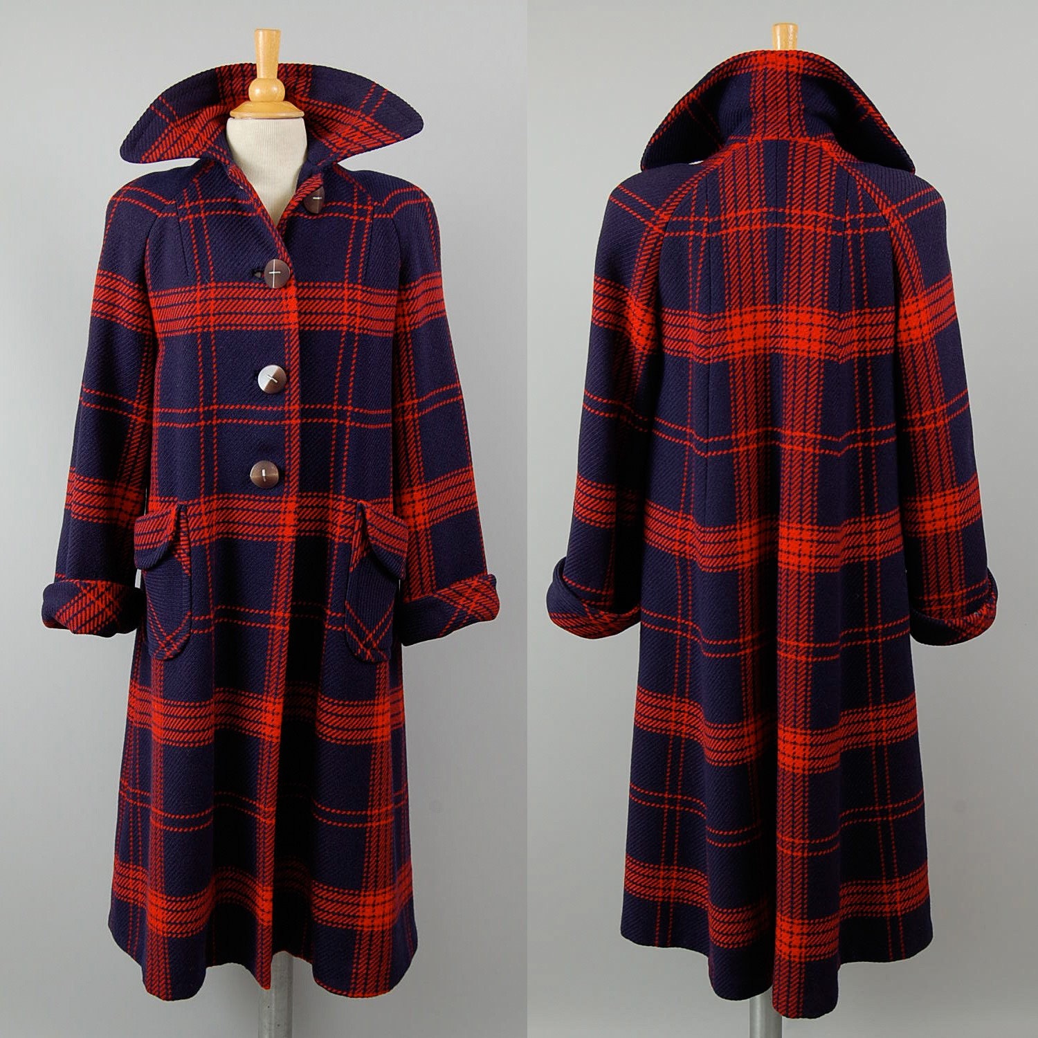 40s 50s navy red Plaid wool coat