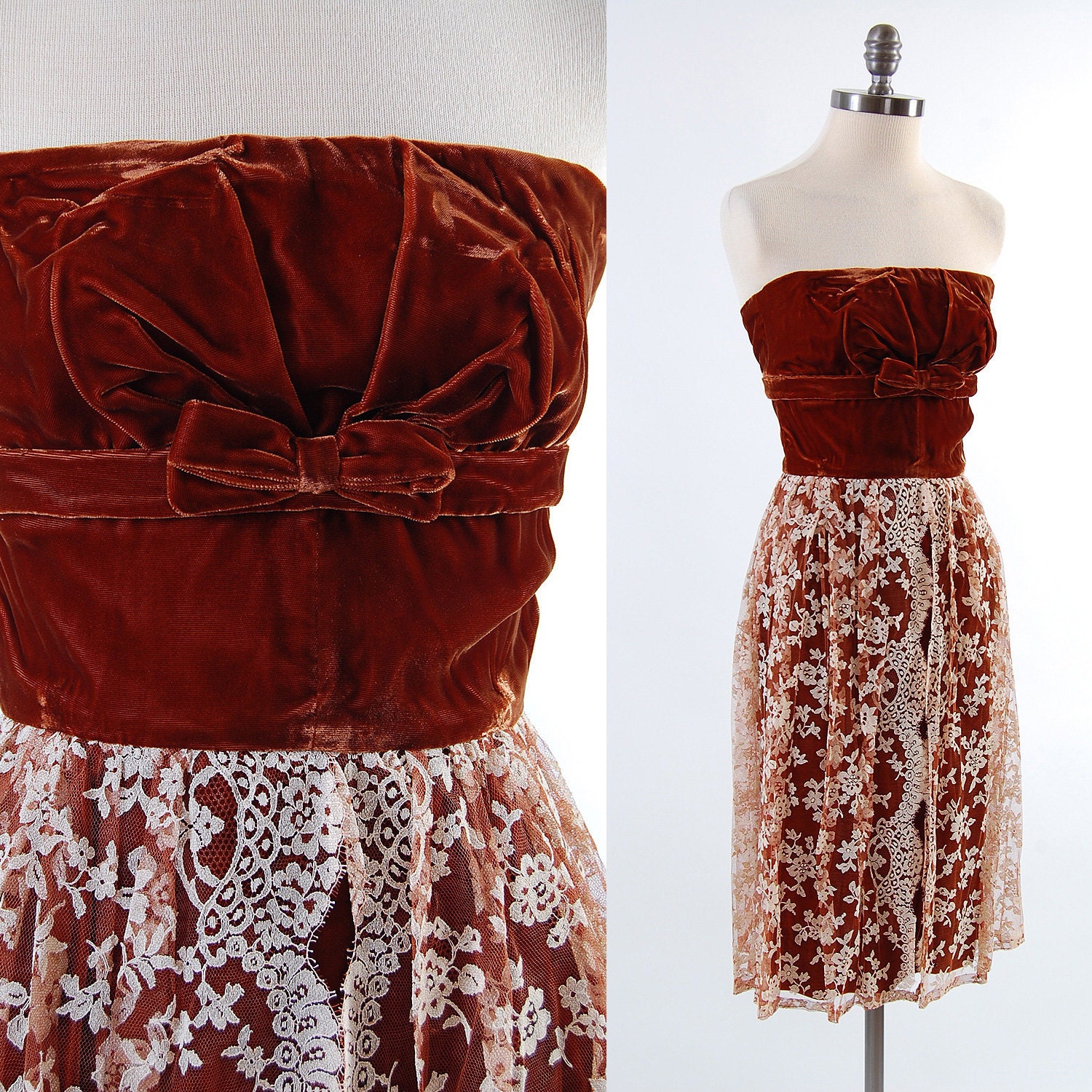 SALE Vintage 60s chocolate brown velvet Strapless cocktail dress / Sheer lace skirt