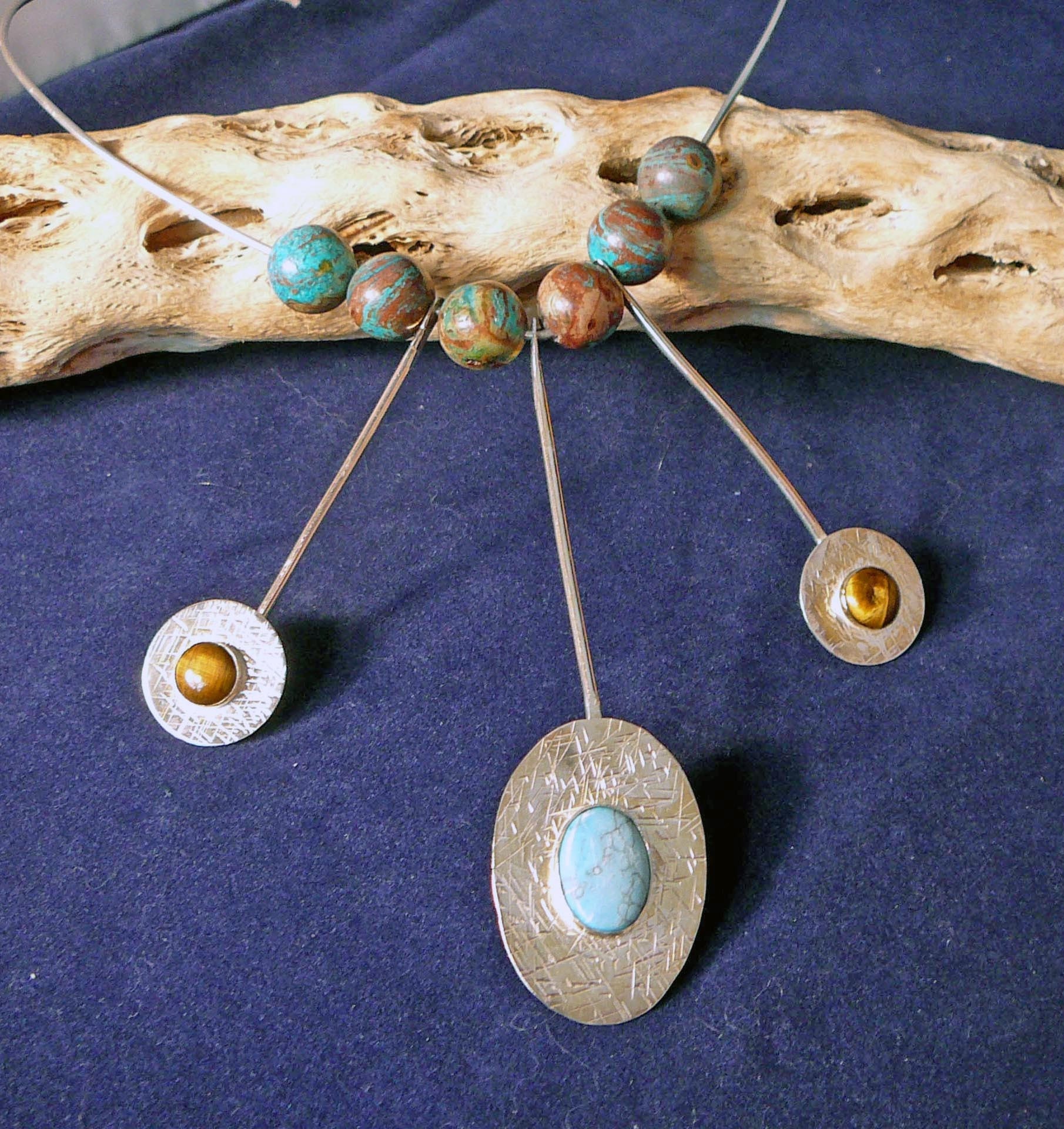 Silver necklace with turquoise, howlite and tiger eye
