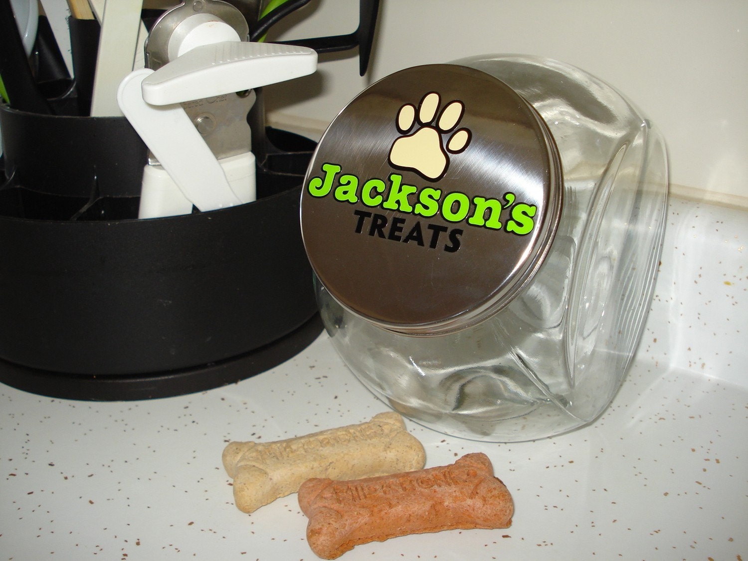 Personalized Custom Glass Pet Cat or Dog Treat Tilt Jar perfect for puppies too
