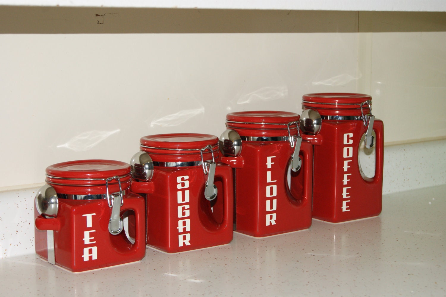 Ceramic Kitchen Canister set Red Coffee Tea Sugar Flour Jars Cans Retro