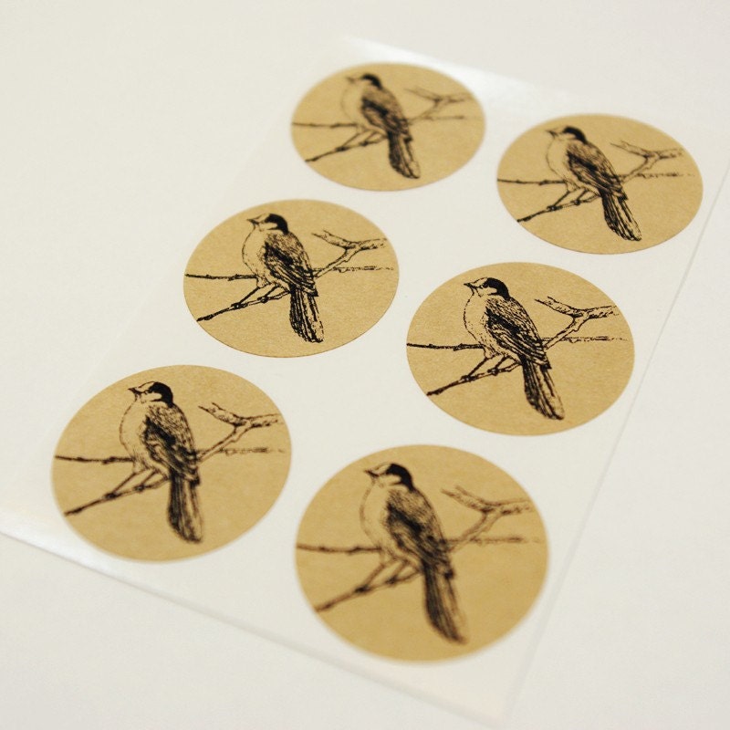 Bird Envelope Seal Stickers in Brown Kraft - Set of 24