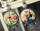 Sculpted Mad Men Pop Art Earrings -  Silver Filigree Pendant with Swarovski crystal and Pearl Accents