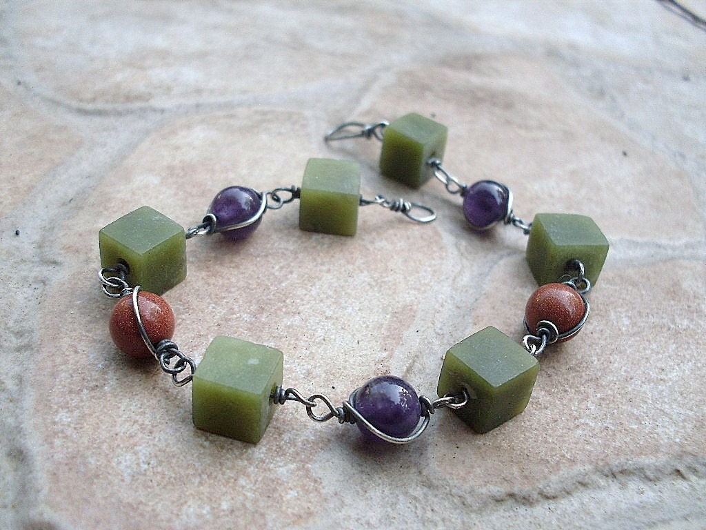 Bracelet with Jade, Goldstone and Amethyst in Sterling Silver
