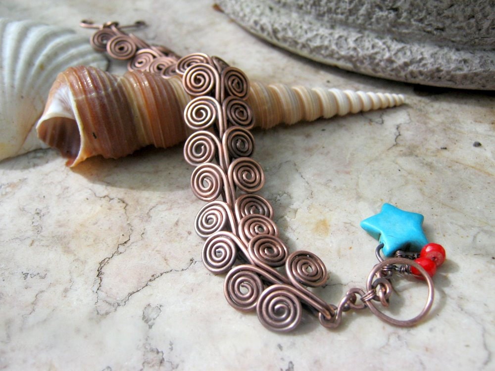 egyptian coil bracelet in copper with turquoise and coral