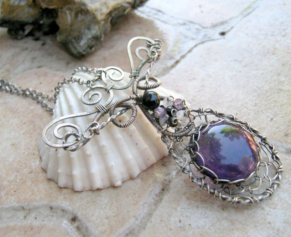 amethyst necklace in sterling silver with moonstone and onyx