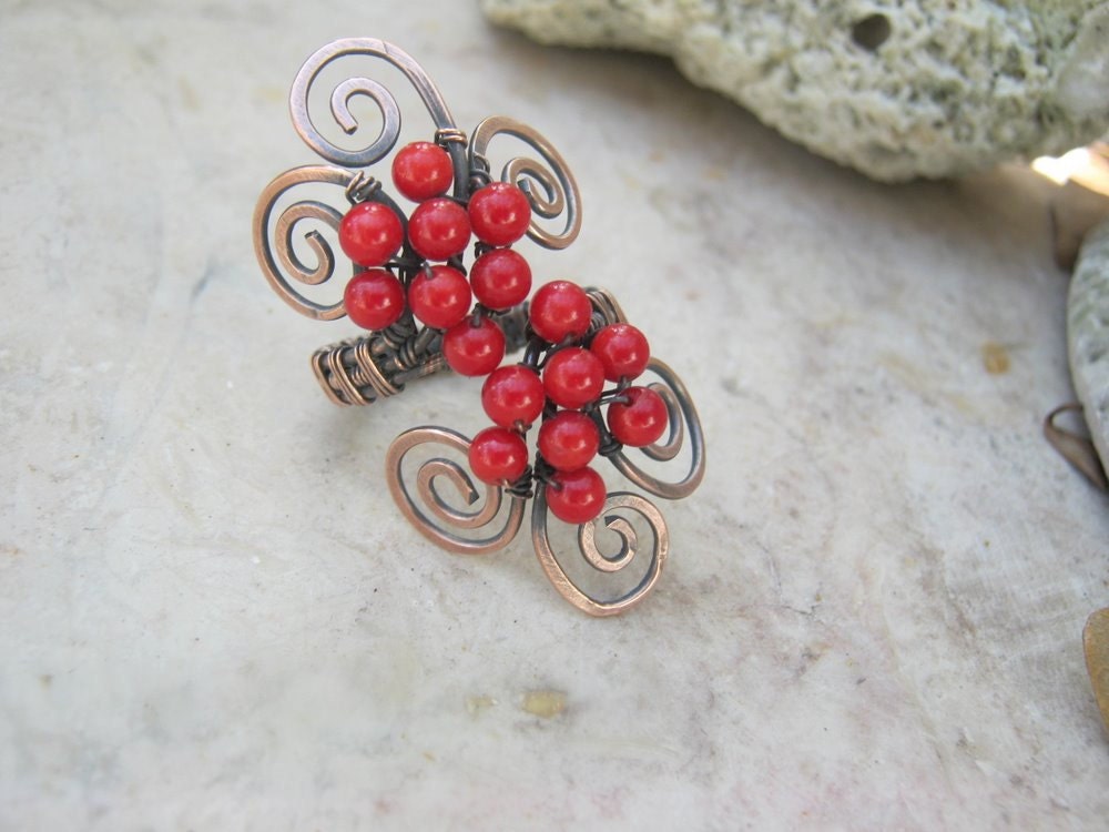 red coral swirl ring in copper