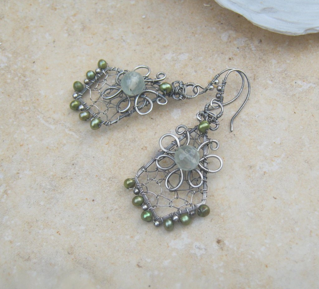prehnite earrings in sterling with green pearl