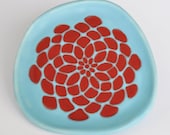 small ceramic plate - dahlia flower in red and robins egg blue matte - modern pottery kitchen decor - hopejohnson