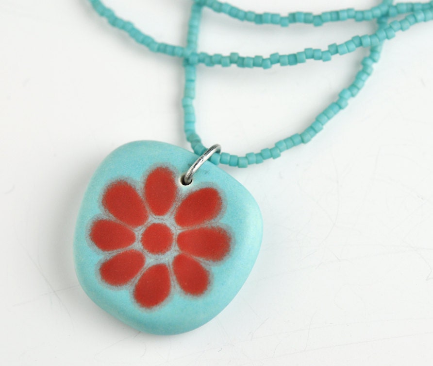 ceramic pendant and beaded necklace - flower in red and robin egg's blue