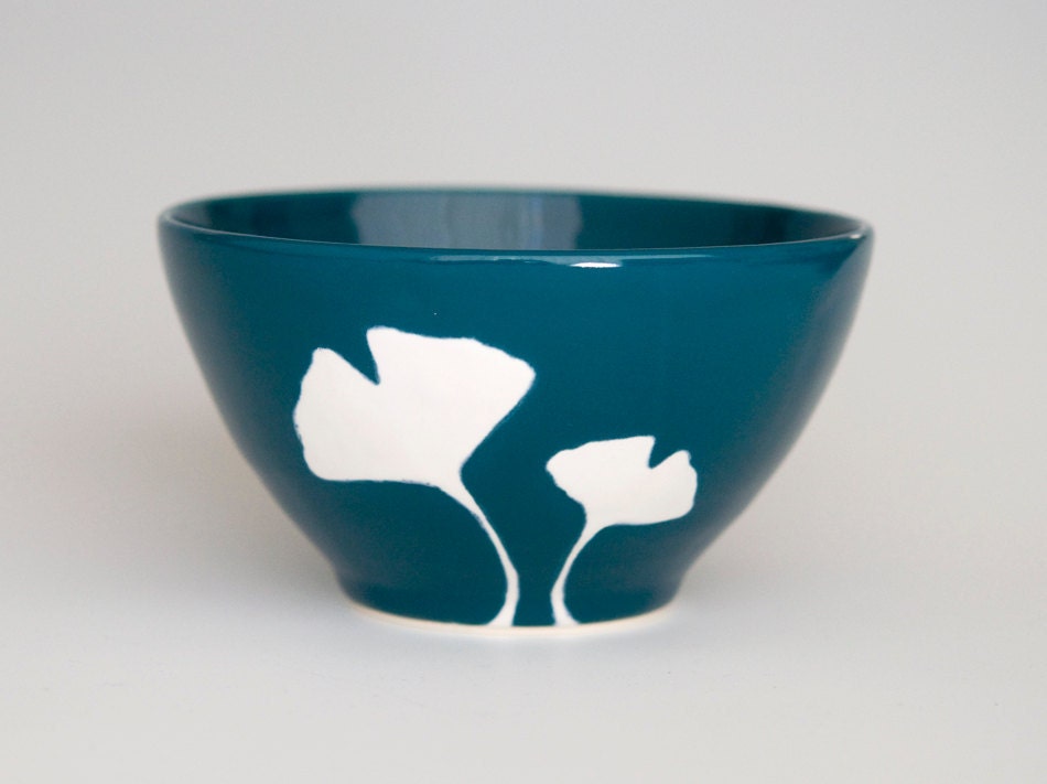 ceramic pottery bowl - ginkgo leaves in dark teal blue - ceramics and pottery