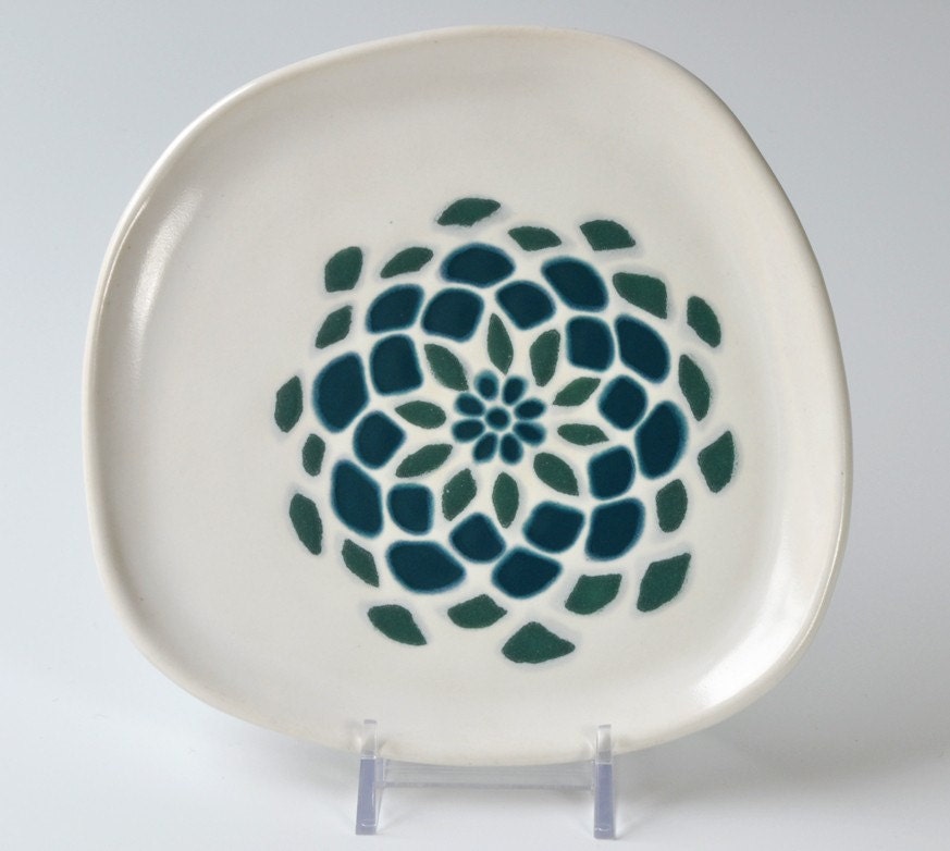 appetizer or dessert plate - dahlia flower in dark teal and blue green