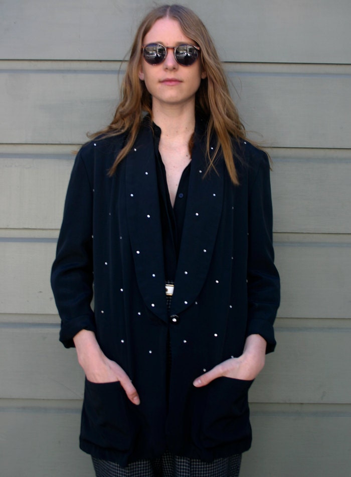 SALE---Vintage 1980's Black Studded Rhinestone Tuxedo Blazer S/M