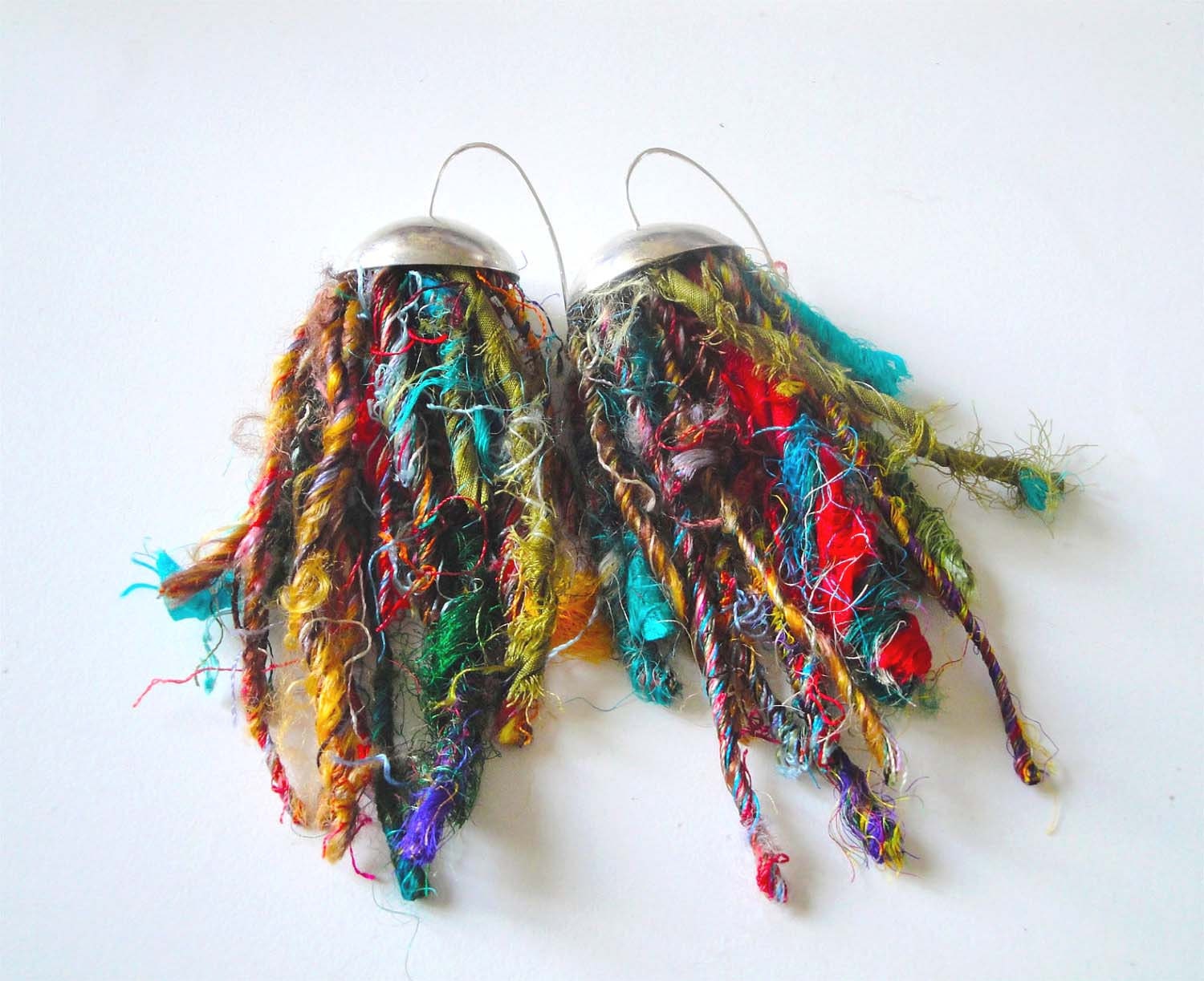 la medusa earrings- sterling silver multicolor sari silk yarn - katerinaki1977