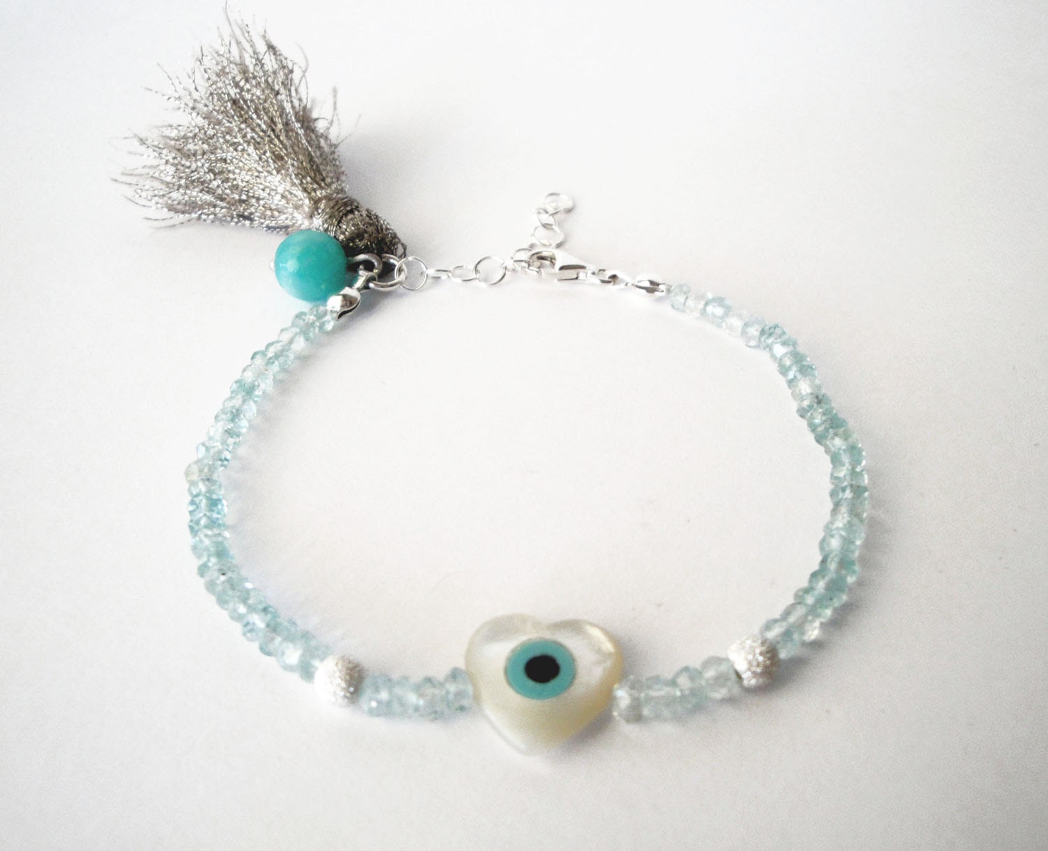 friendship bracelet sterling silver evil eye high quality aquamarine multifaceted beads 3mm