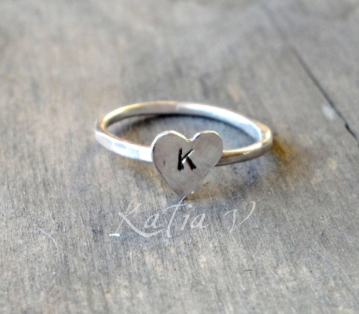 personalized ring handmade sterling silver stackable rings set of 5 - monogram heart ring - stacking rings