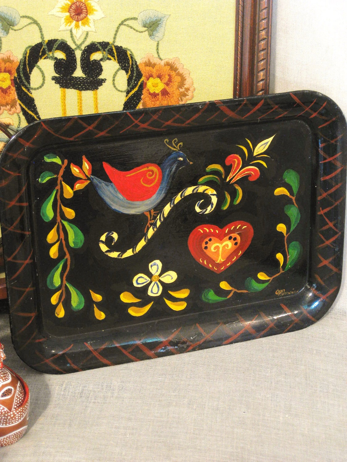 Vintage Handpainted Metal Tray- Farmland Chic